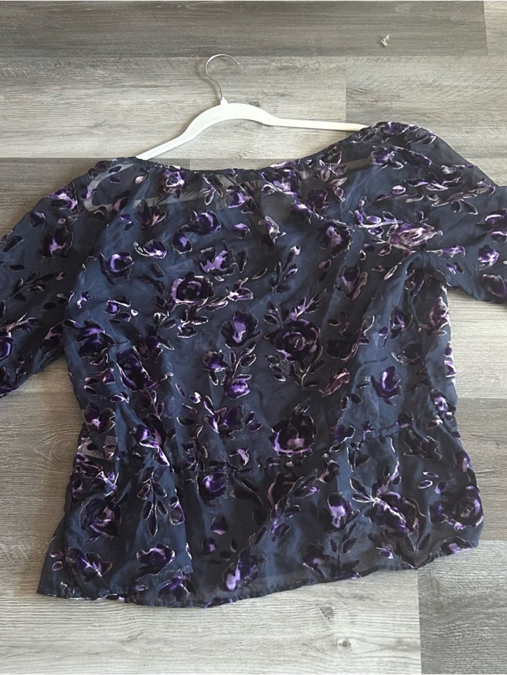 Navy sheer blouse with purple Floral Burnout. Features a Whimsical flowy feel.